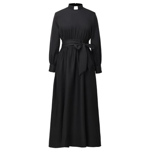 Church Clergy Dress for Women Long Sleeve A Line Elegant Maxi Dress with Tab Insert Stand Collar and Belt