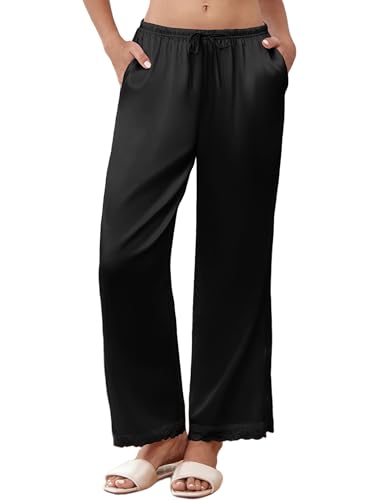 Ekouaer Womens Silk Satin Pajama Pants Casual Comfy Sleep Pants Pocketed Elastic Waist Wide Leg Pj Bottoms with Lace Trim