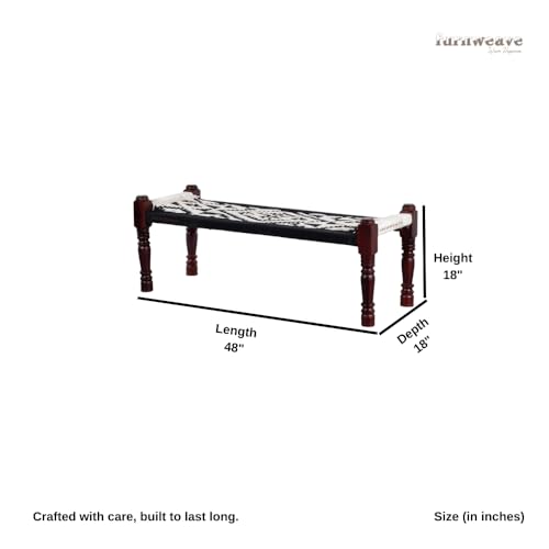 Image of Wooden Bench for Seating | Handcrafted Sheesham Wood Bench for Living Room, Balcony & Garden | Traditional Patio for Outdoor with Cotton Handwoven Rope | Black and White