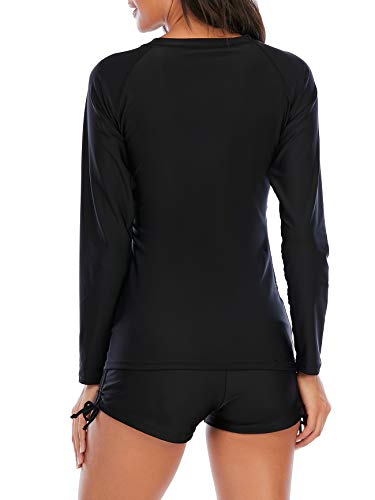 Women's Two Piece Swimsuits Long Sleeve Rashguard Sun Protection Shirt Floral Printed Tankini Swimsuit Bathing Suit Black Leaf L