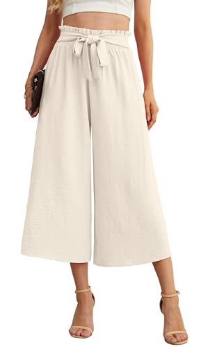 IWOLLENCE Women Flowy Loose Wide Leg Pant Summer Beach Casual Trousers high Waist Adjustable Knot Business Work Casual Pants Ivory White Small