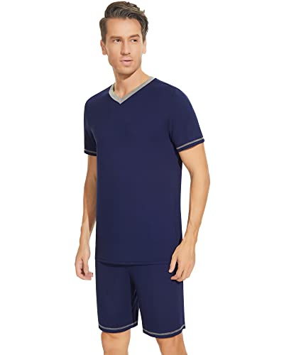 Image of NACHILA Pajamas for Men Pj Short Sleeve Sleepwear with Shorts V Neck Loungewear Cool Pajama,Viscose Made from Bamboo