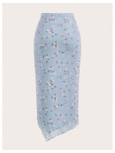 Verdusa Women's Floral High Waist Side Slit Maxi Skirt Mesh Drawstring Bodycon Ruffle Hem Long Skirt2