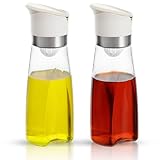 ElementalKitchen Premium Glass Olive Oil and Vinegar Dispenser Bottles Set, 2-Piece Kitchen Cooking Cruet with Auto-Open Lid, Non-Drip Pouring Spout, Oil Infuser Filter, Dishwasher Safe (White 11oz)