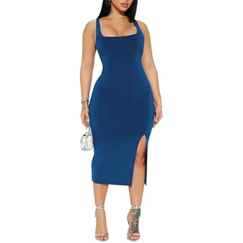 SheKiss Women Casual U-Neck Sleeveless Knee-Length Stretchy Summer Slit Elegant Midi Dress Blue Cover