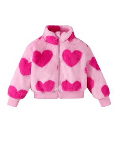 WDIRARA Girl's Cute Heart Pattern Fleece Jacket Zip Up Mock Neck Long Sleeve Teddy Outerwear Coat