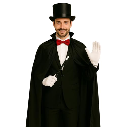 labreeze Costume de magicien professionnel - Cape noire en satin, chapeau haut de forme classique,...