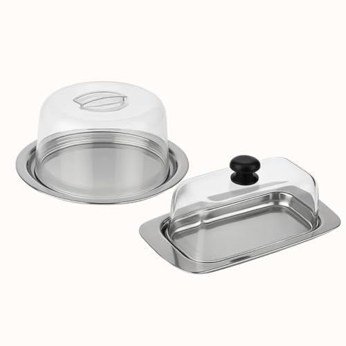 Kit 2 Peças Manteigueira e Porta Queijos em Inox com Tampas Acrílico Casa Buritis