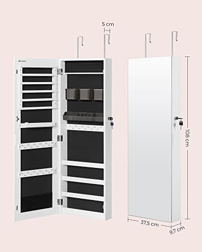 SONGMICS Armario Joyero, Espejo Joyero Montado en la Pared o en la Puerta, Espejo Colgante con Cerradura, 2 Organizadores de Maquillaje de Plástico Extraíbles, Idea de Regalo, Blanco JJC001W01