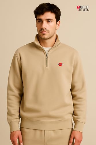 Image of BOLD FITNESS Men's Half-Zip Fleece Sweatshirt | Stylish, Breathable, Quarter-Zip Pullover Full Sleeve Winter Wear.