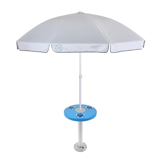 Manufacturers' Select ITC Round Boat Table with Umbrella and Table Leg for Pontoon, Dock, or Deck Boat – Fun Bright Colored Tabletop with 3 Extra-Large Drink Holders (Aqua Blue w/Silver Leg)