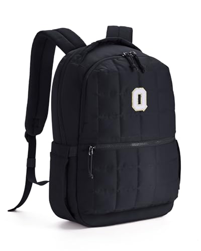 WANDF Initial Laptop Backpack for Women, Quilted Puffer 14 Inch College Backpack, Personalized Water-Resistant Travel Backpack Daypack (Black Q)