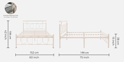 Image of Mexo Metal Queen Size Bed Without Storage | Wrought Iron Double Bed with Headboard & Footboard | Sturdy Powder Coated Platform Bed Queen Size Cot for BedroomLivingRoom Ivory (75x60)