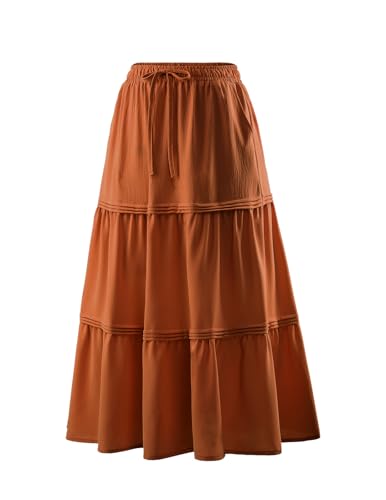 DRESSTELLS Flowy Boho Midi Skirts for Women, Lightweight High Waist Casual Summer Long Skirt Beach to Office, Caramel S3