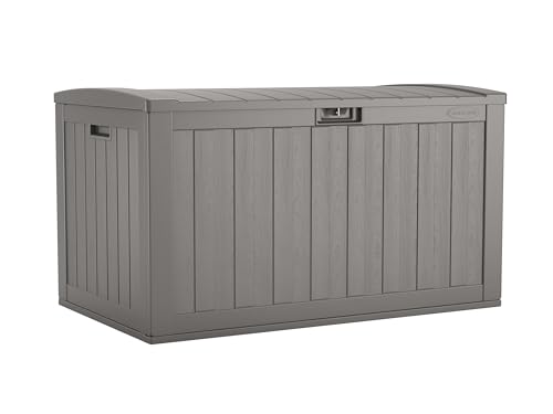 Suncast 134-Gal. Waterproof Resin Extra-Large Outdoor Patio Deck Box with Pad-Lockable Lid, Modern Outdoor Patio Bench/Storage Box for Cushions, Garden Tools, and More, Dove Gray