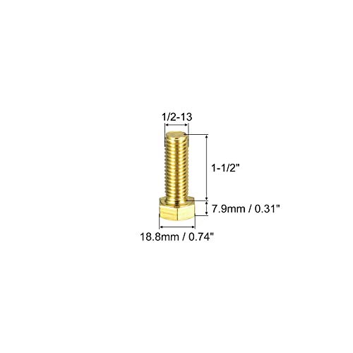 Image of uxcell Brass Hex Bolts, 1 /2-13x1-1 /2 2pcs Fully Thread Grade 4.8 Solid Brass Hexagon Head Bolt Machine Screws for Machinery
