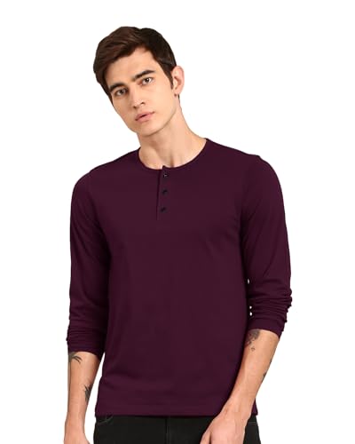 Image of LAZYCHUNKS Regular Fit Solid Super Combed Cotton Rich Henley Neck Full Sleeve Men's T-Shirt
