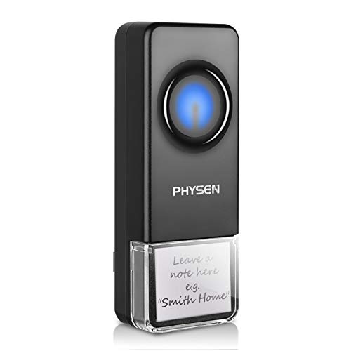 PHYSEN transmisor de Timbre inalámbrico sin Receptor, Alcance de 300 m IP55 Exterior Impermeable botón de Timbre de Puerta Principal con Pantalla LED, transmisor Adicional para Timbre Negro