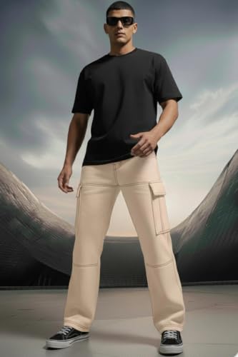 Image of Veirdo Men's Cargo Pants | Relaxed Fit Utility Trousers with Multi Pockets | Casual Streetwear Cotton Bottoms - Beige, Black & Grey| Sizes: S to XXL