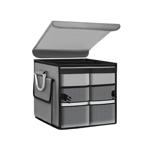SHMZK Trunk Organizer With Lid Collapsible Waterproof Oxford Car Organizer with Aluminum Handle Base Plate 2-Compartment 28L Sturdy Trunk Cargo Storage Organizer for RV SUV Truck (Gray)