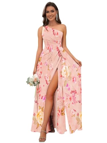 OFEECHUN Women's Chiffon One Shoulder Bridesmaid Dresses Long Pleated Formal Evening Gowns with Slit