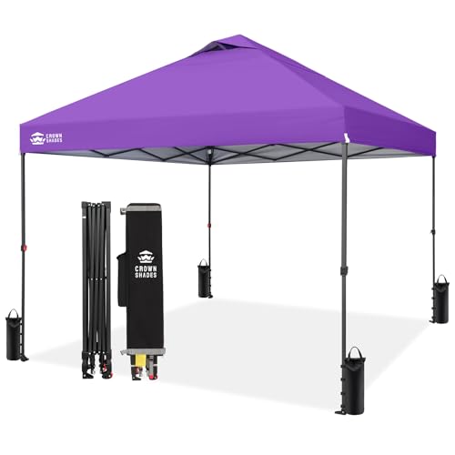 Image of CROWN SHADES 10x10 Pop Up Canopy - Patented Center Lock One Push Instant Outdoor Canopy Beach Tent with STO-N-Go Bag 8 Stakes & 4 Sand Bags,Purple