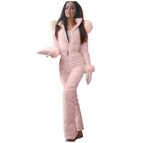 Womens One Piece Snowsuit Waterproof Windproof Ski Suits Insulated Jumpsuit Rompers with Belts Gloves Set of Three Pink