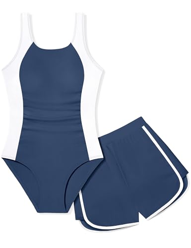 Image of Girls Swimsuit One Piece Swimsuits Color Block Bathing Suit for Girls Adjustable Strap Padded Swimwear with Shorts