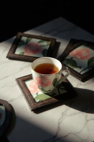 Image of Coaster | Wooden Square Shaped Frame | Stylish Ethnic Tabletop Design | Ideal for Home & Office | Perfect for Tea Cups, Coffee Mugs & Glasses (Lotus, Set of 4)