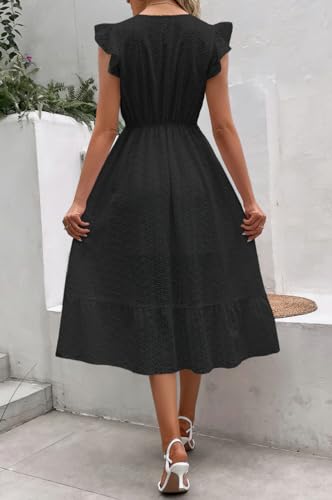 Image of chouyatou Women's Summer Flutter Sleeve Embroidery Eyelet Lace Dress V-Neck A-Line Beach Sun Dress