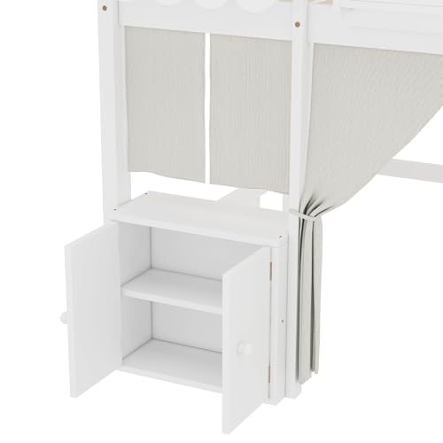 Image of Bekeknlny Twin Loft Bed with Built-in Bookshelf, Curtain, Storage Shelf and Amusement Park-Inspired Playful Design Safety Guardrails, Fairy Tale Cottage Kids Bed (White6, Twin)