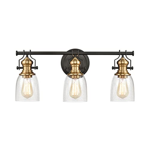 Image of Elk Home Chadwick 3-Light Industrial Vanity Wall Sconce - Oil Rubbed Bronze & Antique Brass, Seeded Glass Shade, 23 Inch Wide