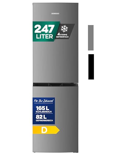 Heinrich´s Kühlgefrierkombination mit 247L Gesamtvolumen, No Frost, 165L Kühlvolumen 82L Gefriervolumen, LED Beleuchtung, leise 39 dB, große Tiefkühlboxen, Energieklasse D, Inox