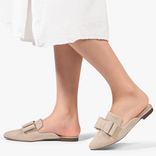 Image of MUSSHOE Mules for Women with Bow Knot: Pointed Toe Flats - Cloud-Cushion Suede Backless Loafers for Office & Casual Wear - Wide-Fit Friendly Slip On Slides with Memory Foam