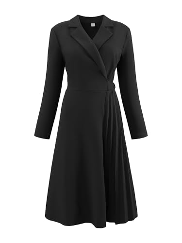 Image of Hobemty Women's Wrap Dress A-Line Pleated Midi Long Sleeve Dresses