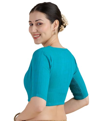 Image of Studio Shringaar Women's Handloom Cotton Side Stretchable (Smocked) Readymade Saree Blouse with Crochet Neckline