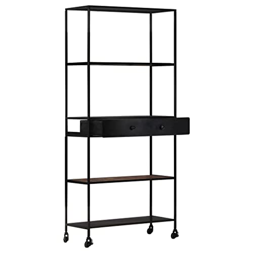 Yuhi-Hqyd Book Cabinet,Bathroom Storage Rack,Multifunctional Shelving,Modern Bookcase,With A Roller,Assembly Required,Unit For Your Kitchen,Office,Garage, 35.4"X13.8"X70.9" Rough Mango Wood & Iron #TOP1