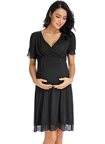 Ritera Femme Maternité Chemise Nuit Nuisette Maternité Grossesse Pyjama sans avec de la Dentelle,Robe d'allaitement de maternité,Noir,XL Cover