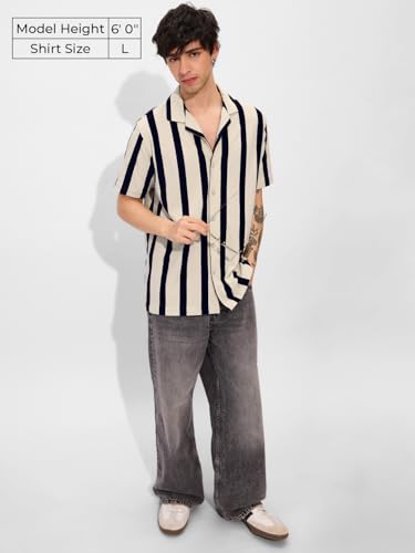 Image of The Souled Store Stripes: Black, White Men and Boys Short Sleeves Collared Neck Button Front Cotton Blend Textured Shirts