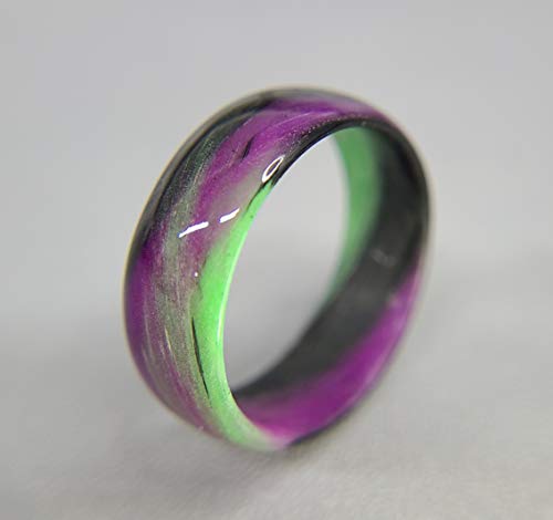 Handmade Ring Band - Carbon Fiber Green, Purple, and Black Marbled Glow Ring, Matte or High Gloss Finish, Glow-in-the-Glow, Durable, Waterproof, Sizes 4-16, Custom Band Widths2