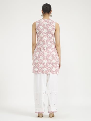 Image of FIORRA Women Light Pink Floral Printed & Embroidered Pure Cotton Straight Kurta with Farshi Salwar