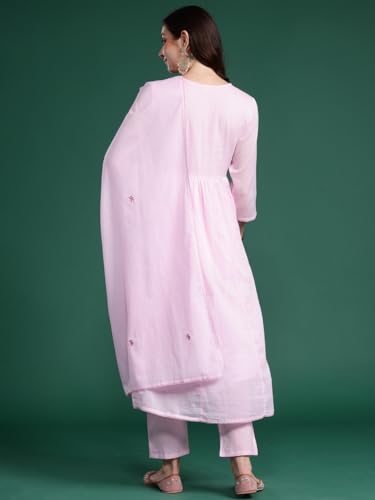 Image of INDO ERA Women's Pure Cotton Embroidered A-Line Kurta & Pant with Dupatta Set | Cotton kurta sets for women
