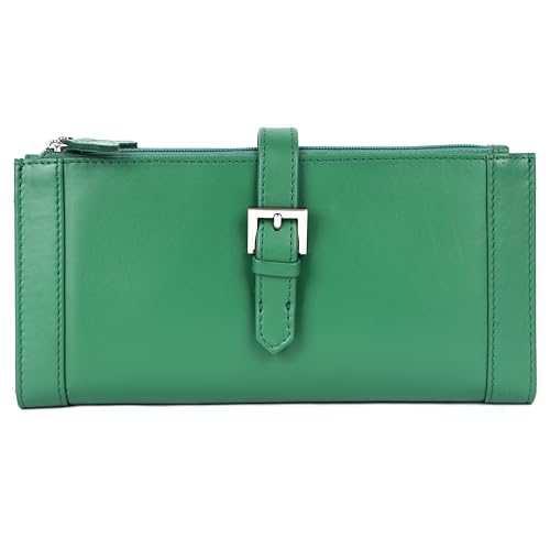 Image of Raizel, Real Leather Clutch Hand Purse Wallet Black for Women's, Two Main Compartment | Two Zipper Pockets | Five Card Slots | one Photo Holder, (P Green)