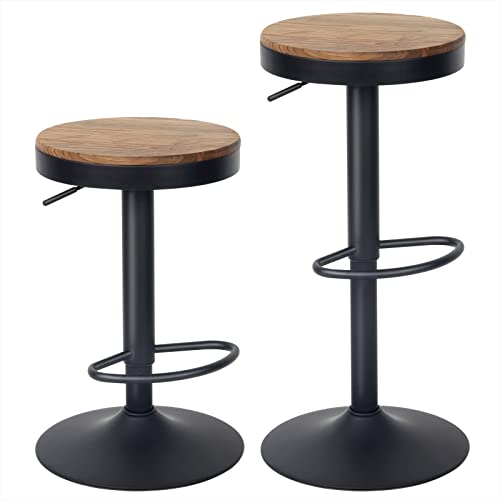 YOUNUOKE Lot de 2 Tabouret de Bar Haut, Pivotant 360° et Hauteur Réglable 55-80cm avec Repose-Pied, Chaises en Bois Naturel, pour Bar, Cuisine, Salle à Manger, Montage Facile, Noir