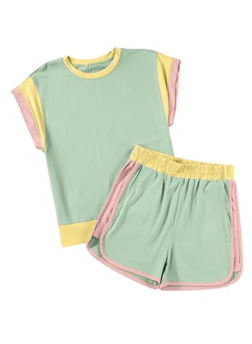 Image of blibean Girls Summer Clothes Sets Kids Colorblock Matching Outfits Size 6-15 Years