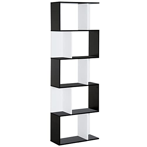 HOMCOM Bibliothèque étagère Meuble de Rangement Design Contemporain en S 5 étagères 60L x 24l x 185H cm Noir Blanc