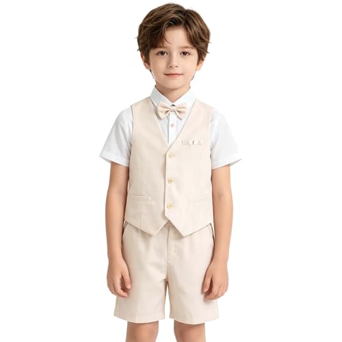 LOLANTA 4 STK Pagen Junge Kurzanzug, Kinder Leinenanzug Sommer Anzug, Festliche Sommerhochzeit Taufe Zeremonie Outfit, Geburtstag Partykleidung, Kind Westen Shorts Set, Beige, 10-11 Jahre, 150