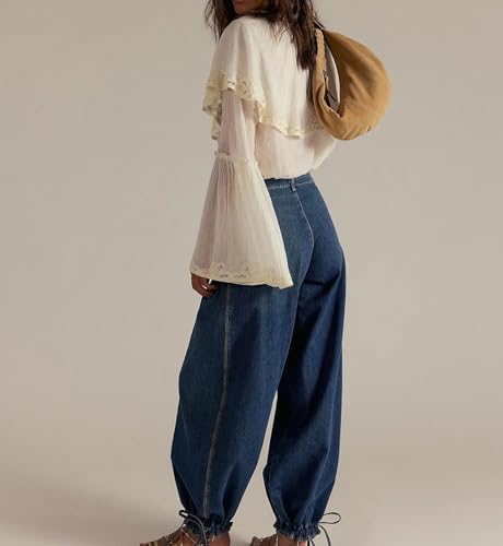 Womens Lotus Tube Jeans - Casual Loose Wide Leg Ruffle Pleated Jeans Baggy Barrel Denim Pants2