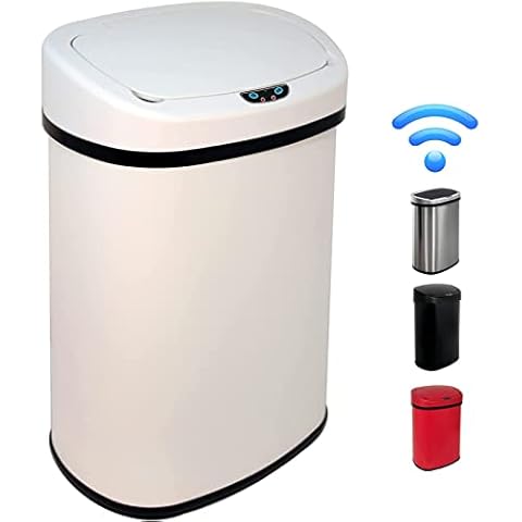 Hkeli 13 Gallon Kitchen Trash Can with Motion Sensor and Lid High Capacity 50 Liter Brushed Stainless Steel Touch Free Waste Bin Automatic Garbage Can White Cover