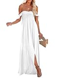 Happy Sailed Boho Dress for Women 2025 Summer Off Shoulder Smocked Maxi Dresses Flowy A Line Side Slit Sundress White Medium